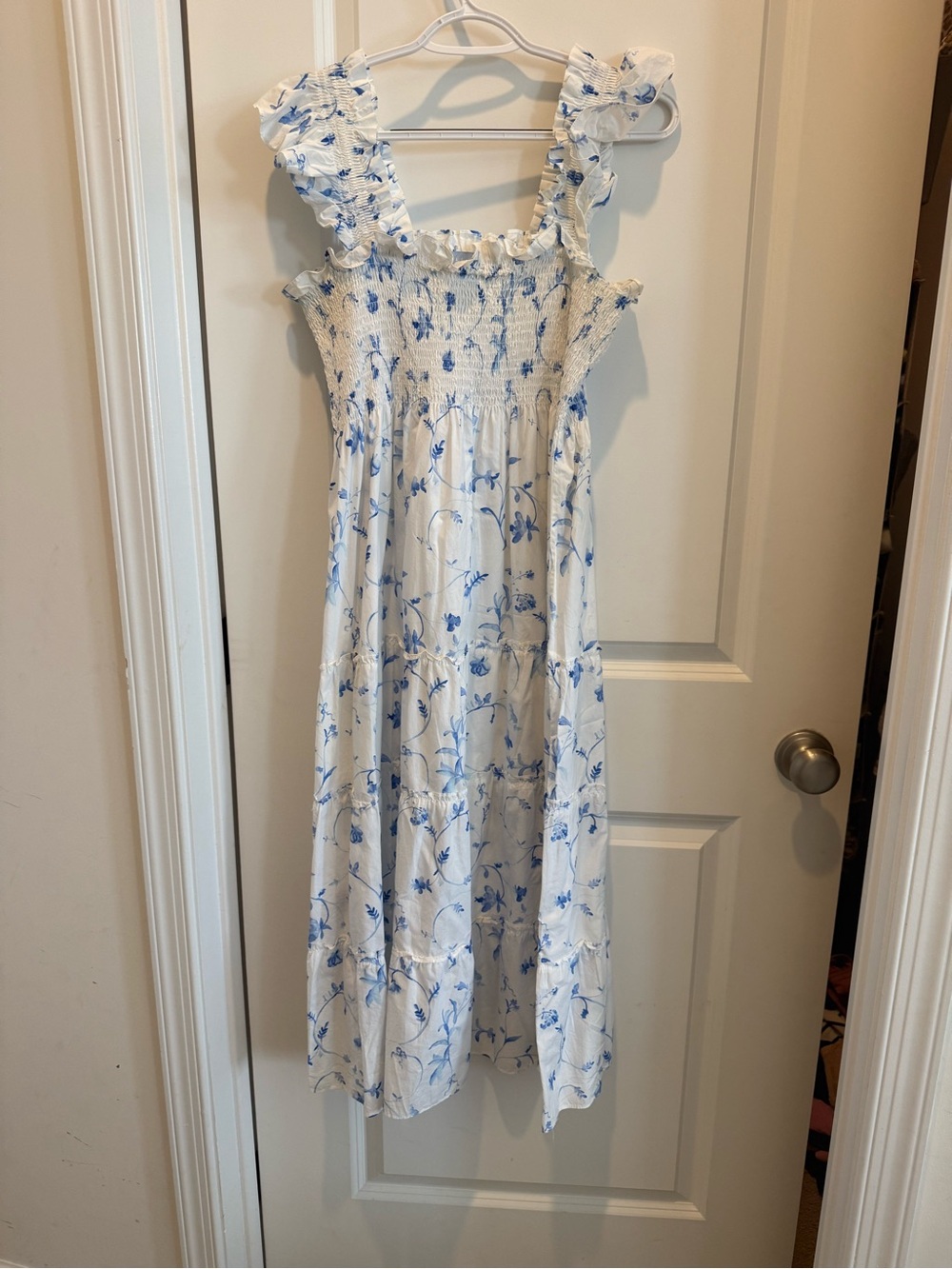 Hill House White Dress with Blue Floral Print and Ruffle Straps